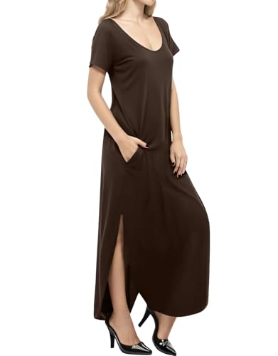 Image of Match Women's V-Neck Casual Loose Short Sleeve Long T-Shirt Dress Split Maxi Dress with Side Pocket