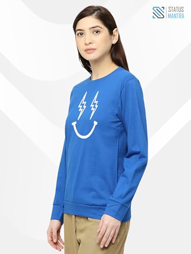 Image of STATUS MANTRA Women's Cotton Round Neck Regular Fit Sweatshirt | Full Sleeves and Smile Printed | Comfort Colour T-Shirt | Available in Multicolor & Size Small to 2XL