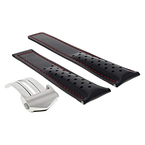 Ewatchparts Leather Watch Band Strap Deployment 20Mm Compatible With Tag Heuer Carrera Black Red Stitch #TOP1