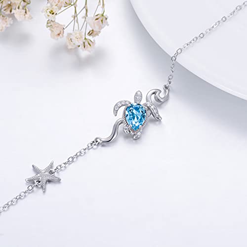 Sea Turtle Anklet Sterling Silver Ocean Animal Adjustable Foot Bracelet Anklet With Simulated Aquamarine Blue Crystal From Austria, Anklet Gifts For Women Girls #TOP3