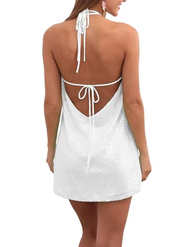 Image of hibshaby Women's Sequin Dress Halter Backless Party Cocktail Mini Dress | Soft lined sparkly fabric with tie straps for club nights, birthdays, concerts, and holiday looks