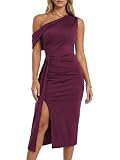 CurvySweet Women's One Shoulder Bodycon Cocktail Party Midi Dress Burgundy