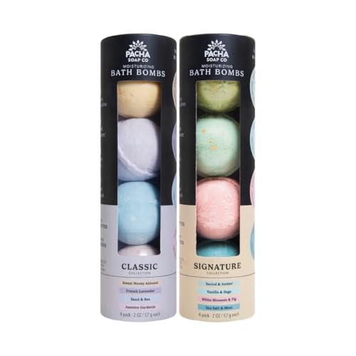 Pacha Soap Co. Bath Bombs - Moisturizing and Relaxing Aromatherapy Bath Bomb Set with Jasmine, Lavender, Sage, Peppermint, Dye Free Fizzy Bath Bombs for Adults, Made in The USA, 2-Pack (8 Pcs)