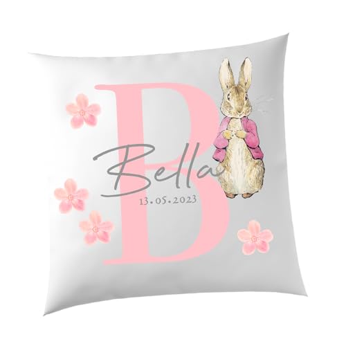 SMARTYPANTS Personalised Pink Rabbit White Cushion - Animals Kids Peter Rabbit Inspired Baby Name Flowers Date Bedroom Child Home Decor Living Gifts Presents (Cover+Filling)