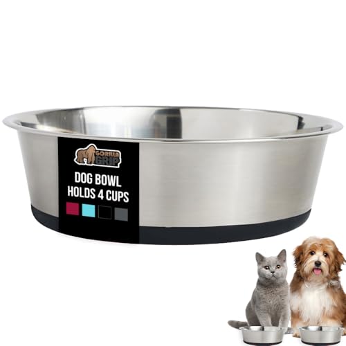 GORILLA GRIP Dog Bowl, Holds 4 Cups (32 fl oz), Heavy Duty Metal Food and Water Bowl for Feeding Dogs and Cats, Easy Clean, Dishwasher Safe, Rust Resistant Stainless Steel, BPA Free Rubber Base, Black