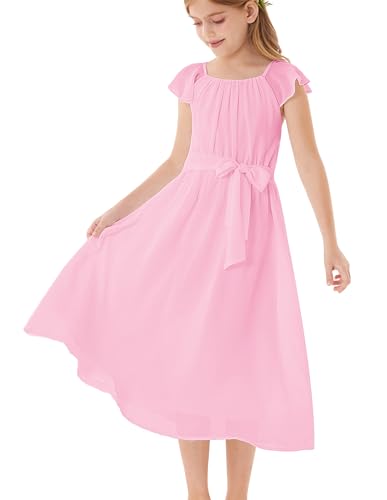 GRACE KARIN Mädchen Chiffon-Maxikleid V-Rücken ärmellos A-Linie Partykleid mit elastischer Taille Rosa 6-7 Jahre