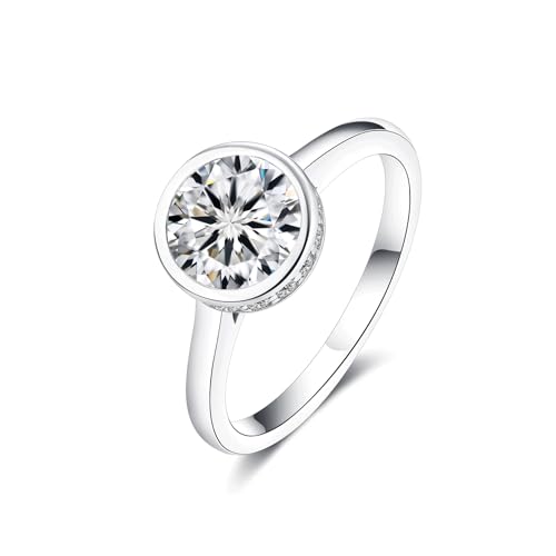IMOLOVE Moissanite Engagement Rings for Women, 1.5 Carat D Color VVS1 Solitaire Bezel Engagement Ring Hidden Halo Round Cut Moissanite Wedding Rings for Women with 18K White Gold Plated Size 4
