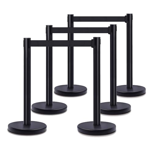 Image of DuraSteel Black Crowd Control Barriers Stanchions with Retractable Belts - Metal Stanchion Posts w / 6.5ft Black Retractable Barrier Belt Ropes - Queue VIP Safety Line Dividers - Set of 6 Stantions