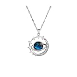 14K Gold Planet Pendant Necklace for Women Blue Starry Sky Clavicle Necklace Zircon Moon Star Necklace (Silver)