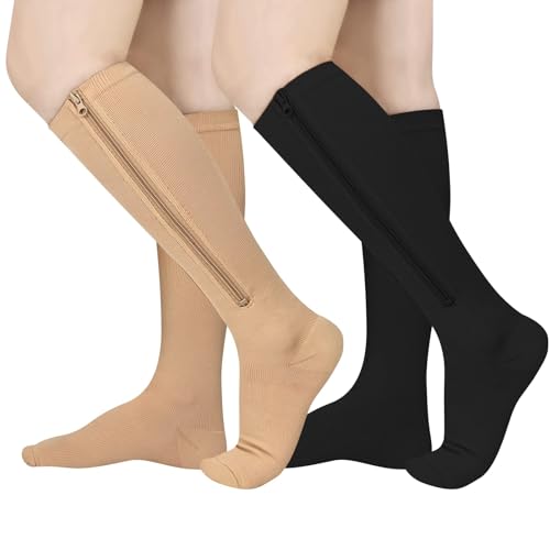 Image of Athbavib 2 Pairs Zipper Compression Socks, 15-20 mmHg Closed Toe Compression Stocking with Zipper for Women and Men