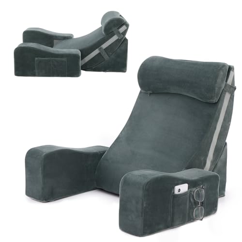 Sasttie Reading Pillow with Armrests, 15–25 Inch Adjustable Back Support Pillow for Bed Sitting Up, Memory Foam Back Rest Cushion Bed Chair for Reading, Gaming & Relaxing, Dark Grey