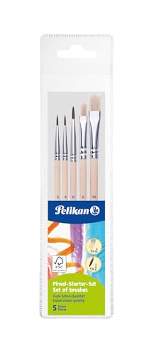 Pelikan Pinsel-Set Größe 2 4 6 10 (3 Haarpinsel 2 Borstenpinsel) Schaft naturbelassen 5 Stück