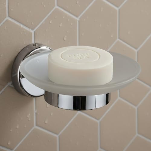 Image of Premium Frosted Glass Soap Dish for Bathroom and Kitchen | Round Countertop Soap Holder Case with Raised Interior Ridges for Shower Sink & Vanity Counter, Matte White Finish (Round 29)