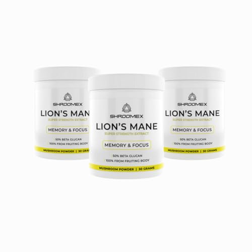 Shroomex® Lion’s Mane Mushroom Powder – 15:1 Dual Extract with 50% Beta Glucans | 100% Fruiting Body | Focus, Memory & Nerve Support | Lab Tested | UK Made | 30g (3)