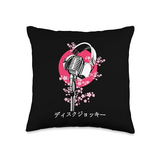 Vintage Microphone Sakura Japanese Art Flowers DJ Women Men Throw Pillow
