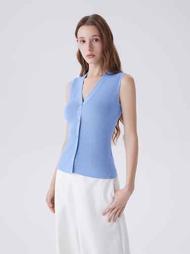 Image of SUUKSESS Women Sleeveless Sweater Tops Summer V Neck Button Down Vest Tops Business Casual Work Shirts