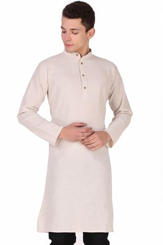 Image of Amazon Brand - Anarva Men's Handloom Cotton Solid Kurta Long Sleeves Straight Knee Length Long Shirt