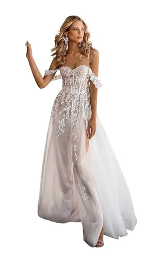 Ljeuyds Off Shoulder A-Line Wedding Dresses for Bride Lace Appliques Tulle Long Boho Beach Bridal Dresses with Train White Sleeveless US12