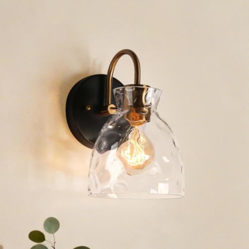 Image of KSANA Mid-Century Modern Wall Sconce, 1 Light Black and Electroplated Copper Sconce Wall Light with Textured Glass Bathroom Wall Lamps for Bedroom Living Room Kitchen