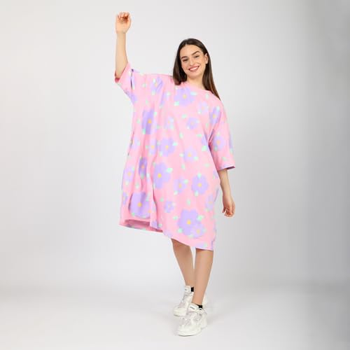Image of LAMA STORE Women's Printed Oversized T-Shirt Dress, Cotton, 3 /4 Sleeve Length, Casual Loose Fit, Comfort Wear Extra Comfy Oversized Printed Pocket T-Shirt Dress