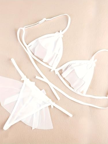 Image of Women's Sexy Lingerie Set - Sheer Mesh Bra & Panty with Ruffle Detailing | Two-Piece Nightwear Set