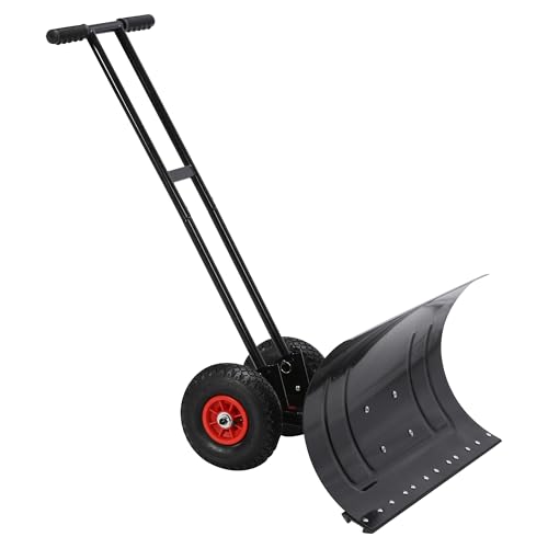 Yokayoay Snow Shovel for Driveway, Metal Snow Pusher with Wheels, Snow Plow with Large 29” x 16.5” Adjustable Angle Blade