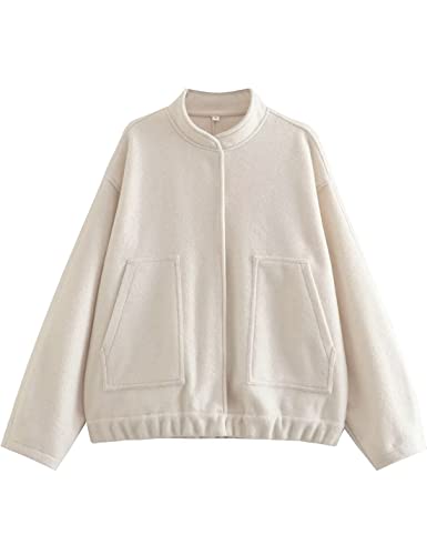 Athlisan Womens Oversized Wool Blend Jacket Casual Button Down Varsity Jacket With Pockets(Beige-L) #TOP11