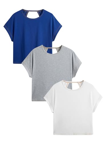 Image of RoseSeek Women's 3 Packs Open Back Tops T Shirt Criss Cross Cut Out Tee Short Sleeve Crewneck Summer Backless Tops