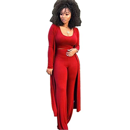 Women 3 Piece Outfit - Ribbed Crop Top and Bodycon Pants Set with Long Kimono Cardigan Cover Up Red X-Large