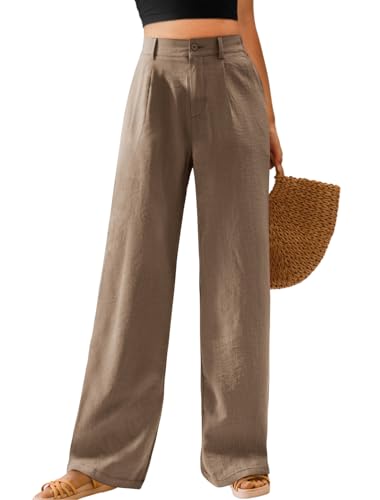 Image of Feiersi Womens Casual Wide Leg Pants High Waisted Button Down Straight Long Trousers Palazzo Pants