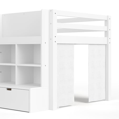 Image of Twin Size Low Loft Bed for Kids with Storage Shelves, Play Curtain & Chalkboard,Space-Saving Design,No Box Spring Needed (White-S7)