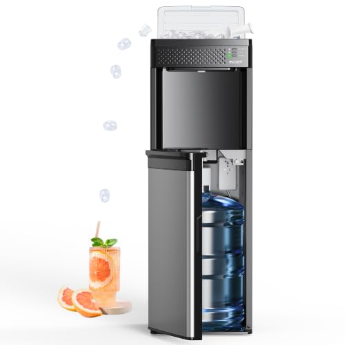 ecozy 4-in-1 Bottom-Loading Water Dispenser with Ice Maker, Hot & Cold Water Cooler, 33 lbs/Day Ice Maker, Fits 3 & 5 Gallon Bottles, Child Lock, Night Light, ECO Mode for Home - Stainless Steel