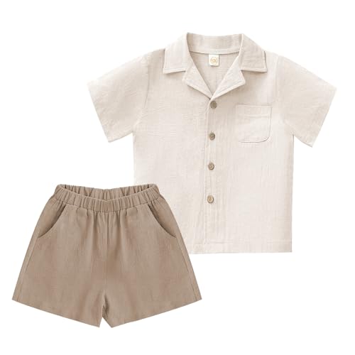 XMWEALTHY Toddler Baby Boy Summer Clothes Color Block Short Sleeve Button-Down Shirt Tops Cotton Pants Outfit Set 4-5T Beige Khaki