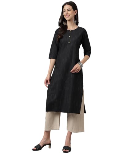 Image of Saanjh Women's Fit Straight Cotton Blend Long Kurta, 3 /4 Sleeve, Knee Length Kurtis, Casual and Office Wear