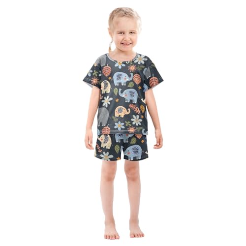 ALAZA Retro Stylish Elephant Floral Pajamas Short Sleeve 2 Piece Sleepwear Top and Bottom Pajama Set Unisex3