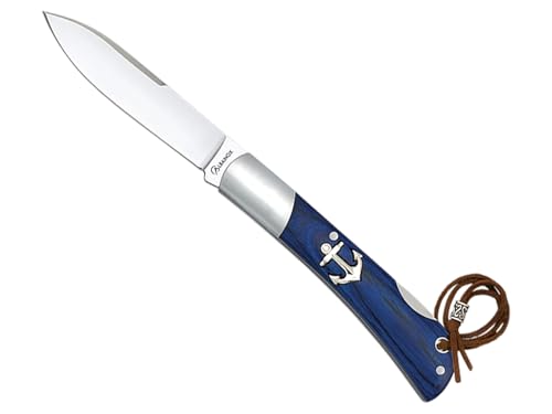 Tiendas LGP- Albainox - Navaja Marinera, Punta Espada, Plegable, Acero INOX. Hoja de 8 cm. Mango de Madera de Stamina Azul, Sistema de bloqueo Back Lock, Hueco con cordón fiador incluido, 18987
