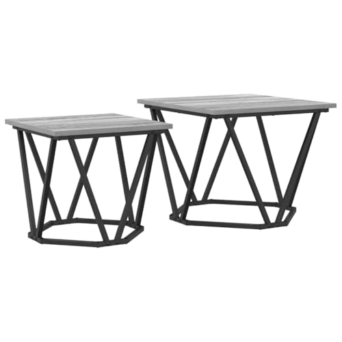 QJBSAVVA Set di 2 tavolini quadrati, moderni tavolini da salotto in legno e acciaio, set da salotto in grigio sonoma, 50 x 50 x 40 cm, set da tavolo per soggiorno