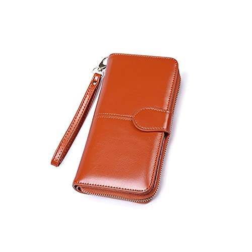 Womens wallet Ladies Wax Leather Wallet Large-capacity Buckle Zipper Long Wristband Clutch Change Card Holder(Brown)