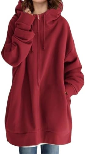 Spatofa Zip Up Long Hoodies for Women Warm Fleece Jacket Fashion Long Sleeve Solid Sweatshirts with Pockets Red 4XL