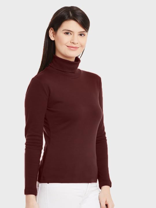 Image of Stylish Black Turtle Neck Cotton Solid Tshirt for Women
