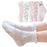 YPNMR 5 Pairs Girls' Thin Floral Strawberries Crew Socks with Ruffled Top for Spring Autumn Summer (A-5 pairs,6-8 Years,US,Age,6 Years,8 Years)