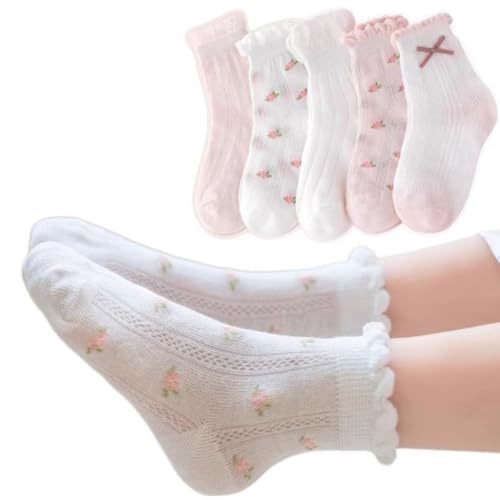 YPNMR - YPNMR 5 Pairs Girls' Thin Floral Strawberries Crew Socks with Ruffled Top for Spring Autumn Summer, A-5 Pairs, 6-8 Years
