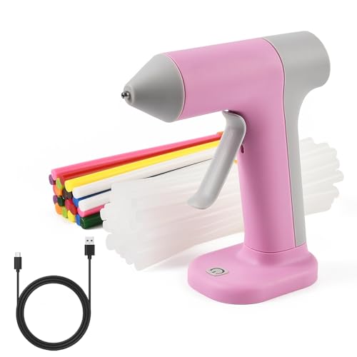 XhuangTech Hot Glue Gun Cordless Fast Preheating with Glue Sticks (7x150 mm), 2000mAh USB Rechargeable Mini Hot Melt Glue Gun Kit for Crafting Fabric Stone Metal DIY Hobby (Pink+52 Glue Sticks)