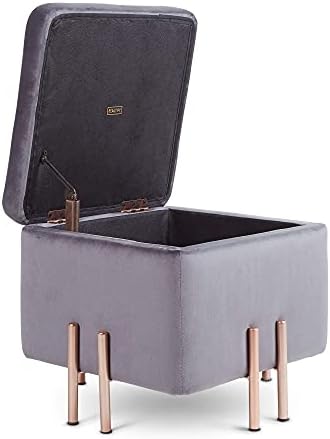 Beautify Velvet Footstool  Grey Square Storage Stool Pouffe  Footrest Cube with Lid and Rose Gold Legs  Cushioned Ottoman Box Seat for Bedroom, Dressing Table, Living Room, Fitting Room