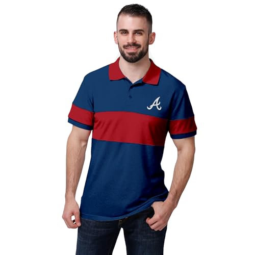 FOCO MLB Men's Officially Licensed Baseball Team Color Primary Logo Performance Short Sleeve Cotton Polo Shirt - Atlanta Braves - Navy - Large