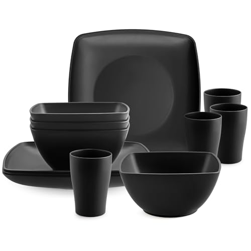 HOMGEN 12PCS Plastic Plates and Bowls Set 12-teiliges Camping Geschirr Set, Besteck Set Spülmaschinen- und Mikrowellengeeignet Leicht & Stapelbar für Outdoor & Zuhause- Schwarz