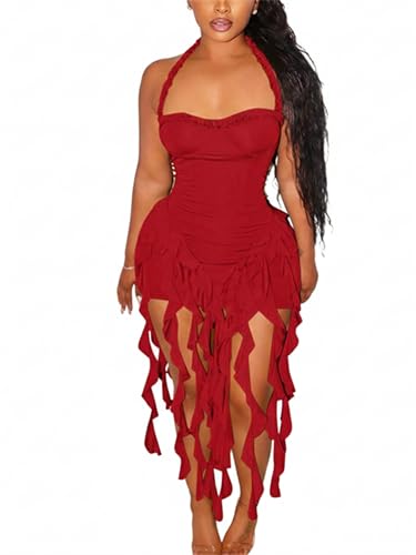 Image of Women's Summer Mini Dress Sexy Halter Backless Ruffle Fringe Bodycon Short Dress Cocktail Party Beach Vacation Sundress