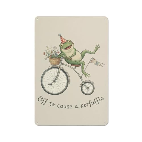 Off to Cause A Kerfuffle, Funny Frog Metal Tin Sign Wall Art for Home, Yard, Backyard, Patio & Porch Decor 8x12 Inch