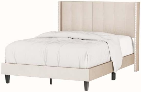 Cama de plataforma tapizada de terciopelo de tamaño matrimonial con cabecero capitonado de canal vertical, cama con plataforma de terciopelo moderna