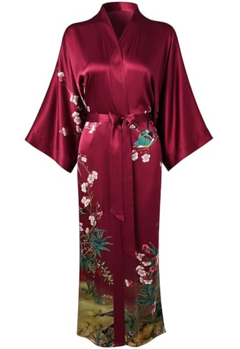 TicyLuck Women's 100% Mulberry Silk Kimono Robe Long Bathrobe for Women (US, Alpha, One Size, Regular, Regular, Wine Red)
